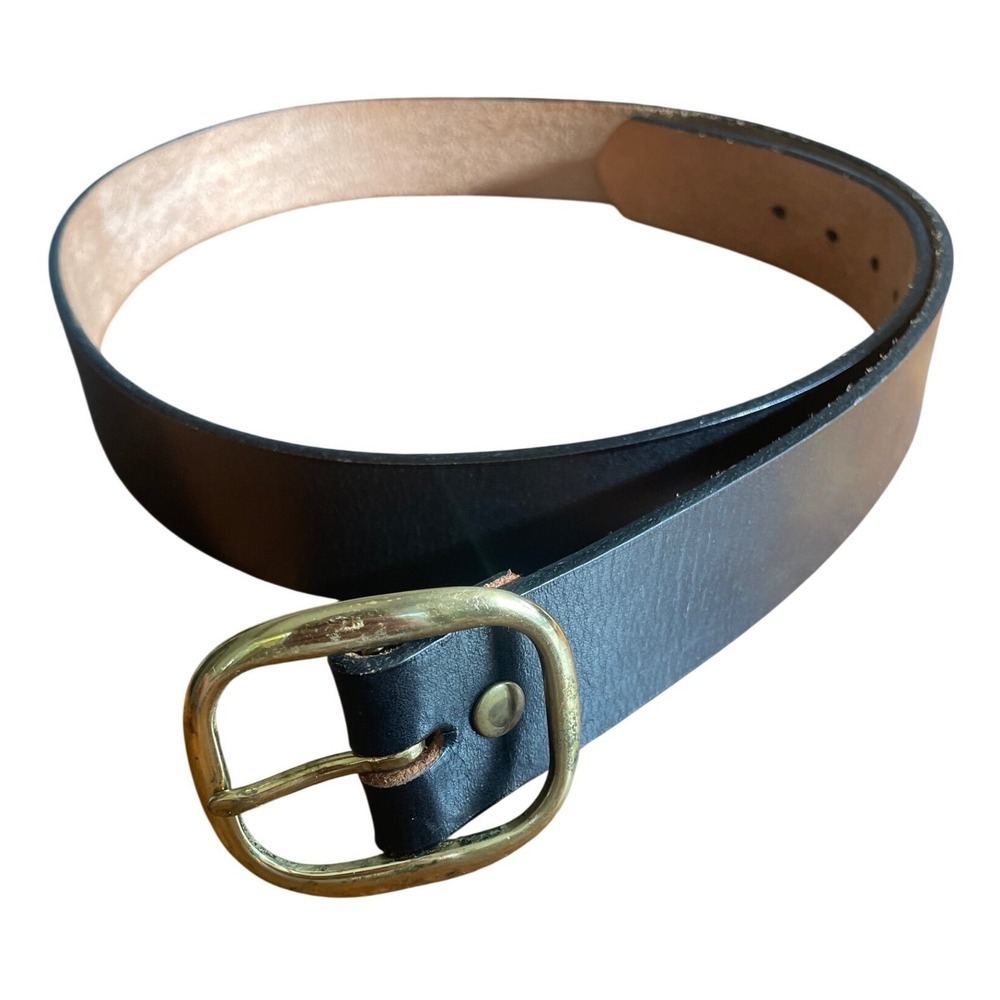 Vintage Mens Black Full Grain Leather Belt Solid Brass Buckle 1.5 Wide Size 40